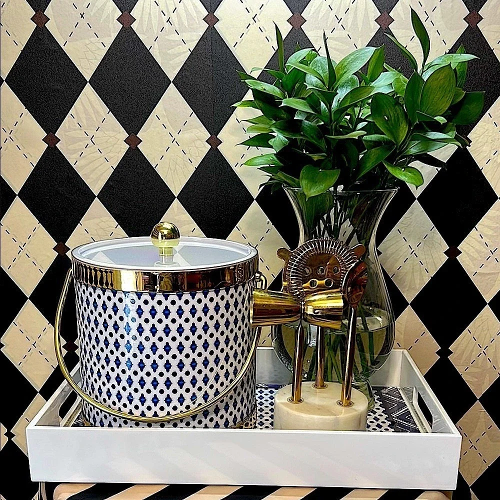 Blue & White Ice Bucket, Lid & Tray Set with Gold‎ Trim | Bar Cart Glam